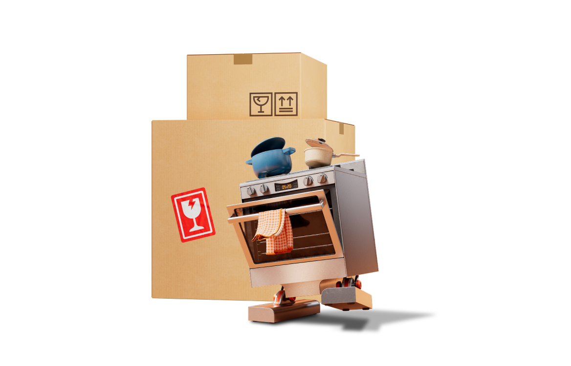 Bretail character oven with a large cardboard box behind