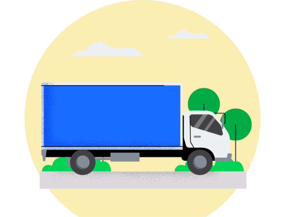 Graphical representation of a blue moving truck with some trees behind