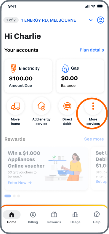This is a graphical representation of the Alinta Energy mobile app dashboard, select the "More services" option to access concessions details