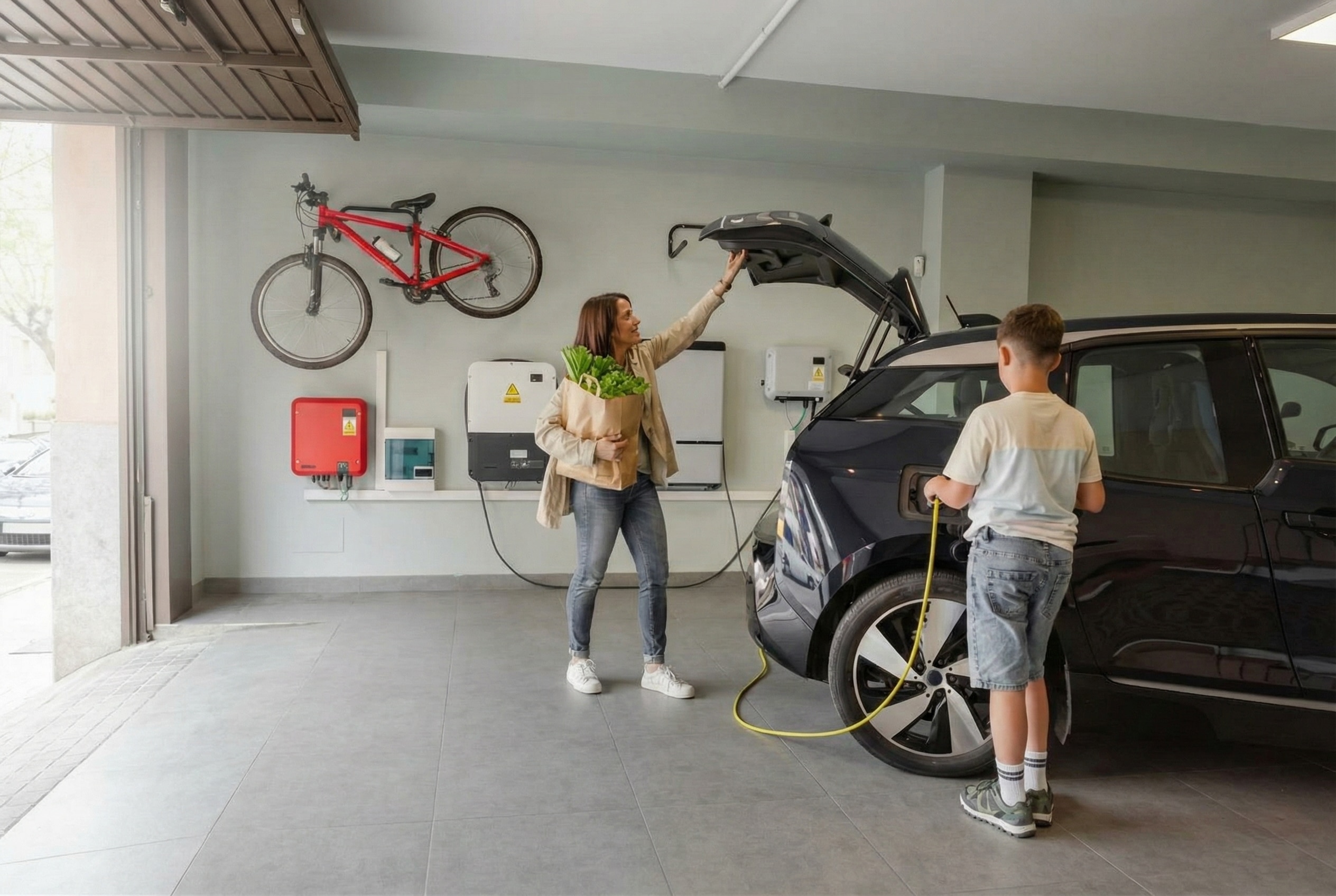 A mother closes the boot of a car while holding a bag of groceries and the son is plugging in the power to charge the EV