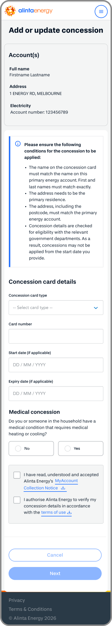 This is a graphical representation of the MyAccount concessions form, where you enter details about your concession card