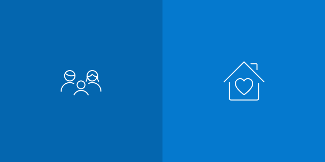 Graphic representation of a family and a house on dark blue and light blue squares