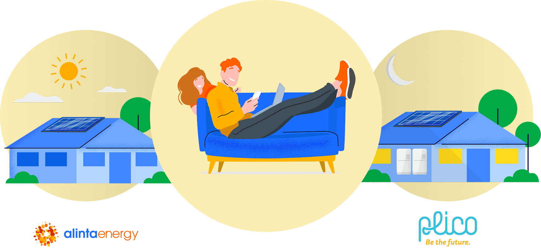 Graphics displaying houses with solar panels, a man relaxing on a sofa