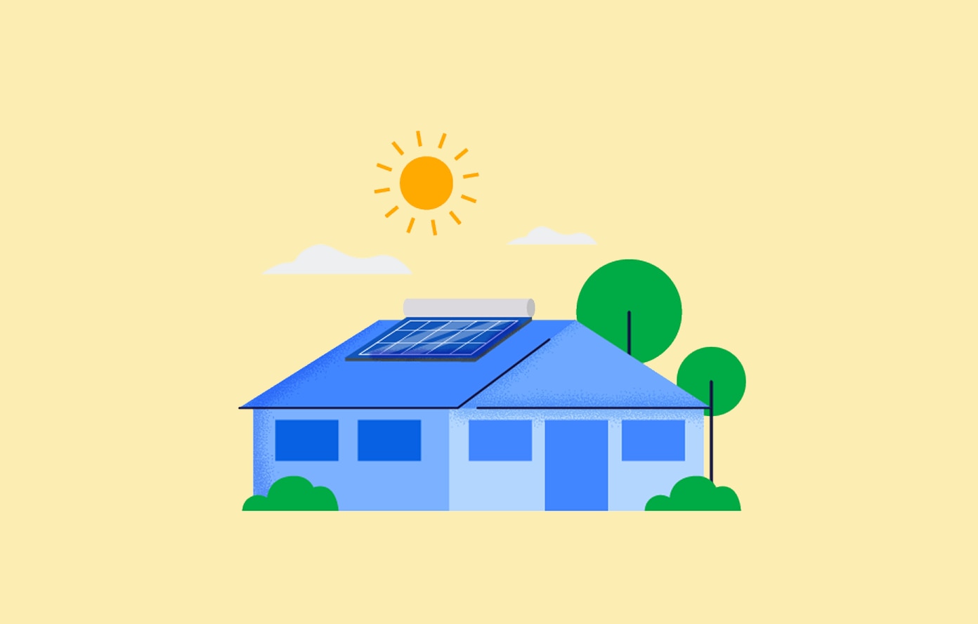 Graphical representation of a house with solar panels on the roof and sun shining above