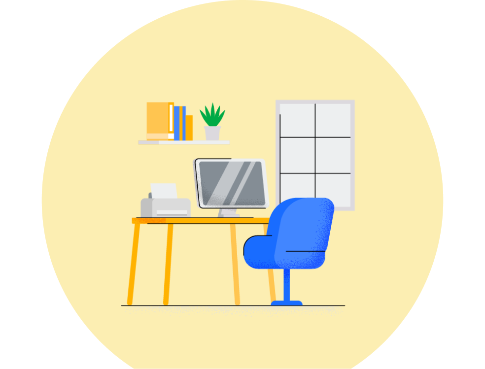Graphic representation of an home office with a desk, printer, chair, computer next to a window
