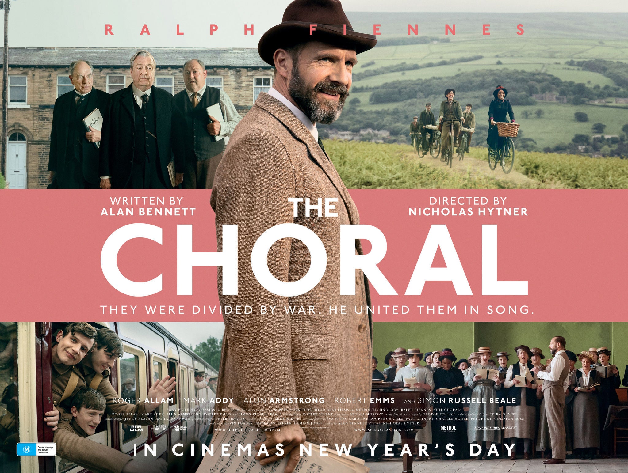 Images from the movie The Choral with overlay of Ralph Fiennes in front