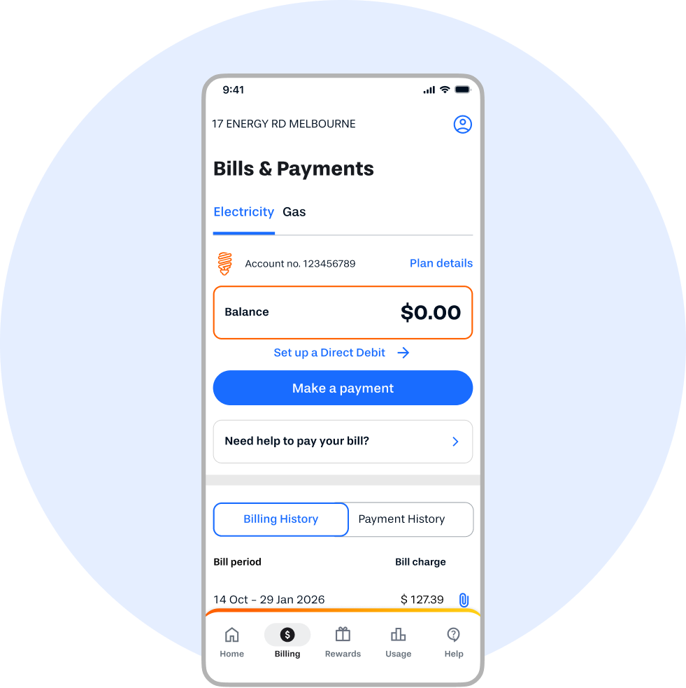 A graphical representation of the Alinta Energy app showing bills and payments