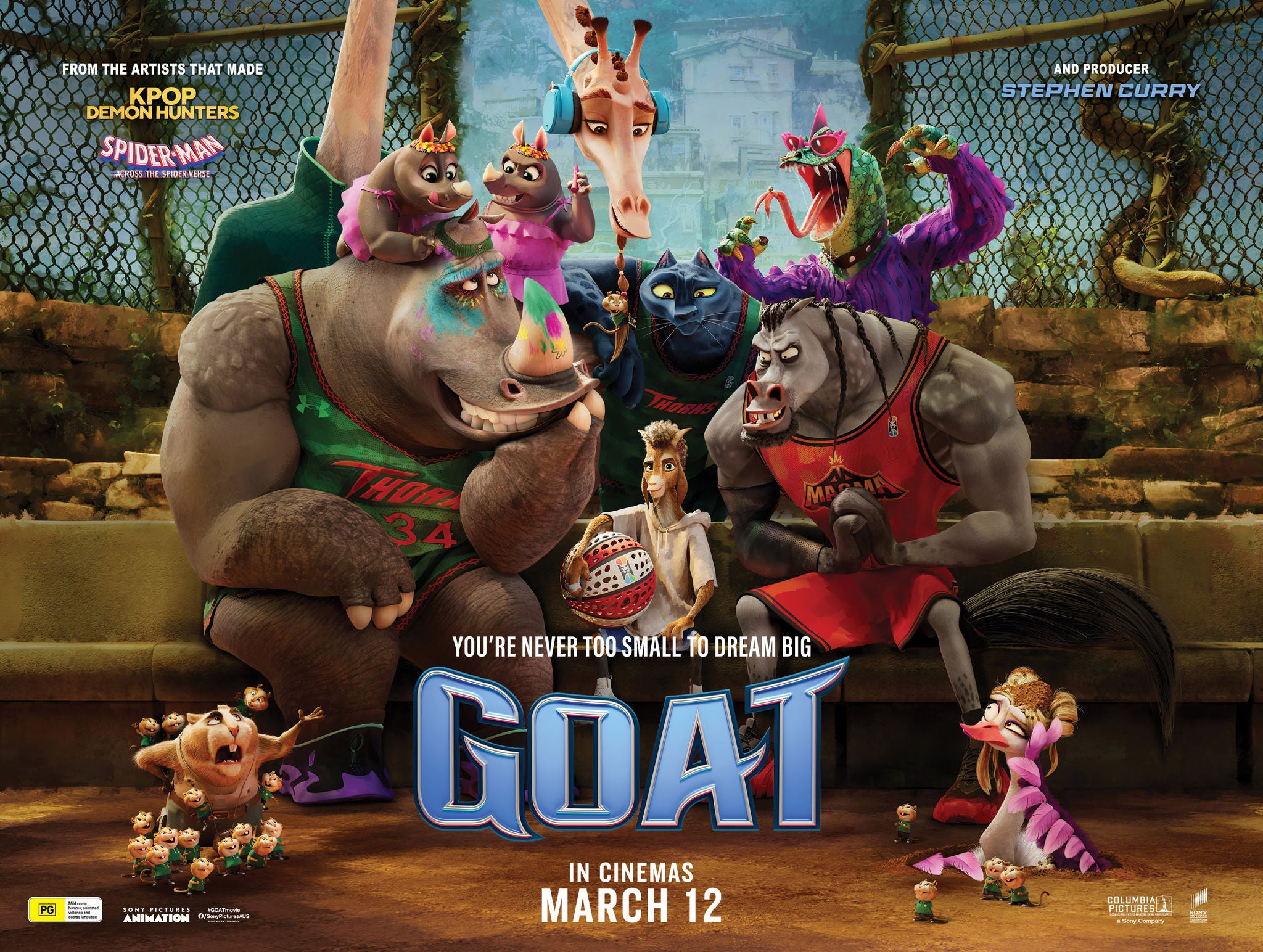Cartoon depiction of various zoo animals in sportswear surrounding a goat holding a ball