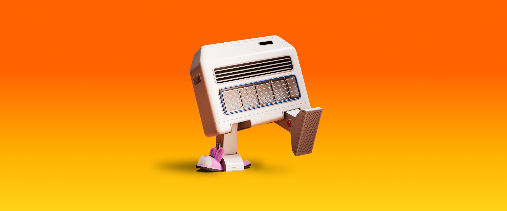 A gas heater with feet walking around with an orange gradient behind