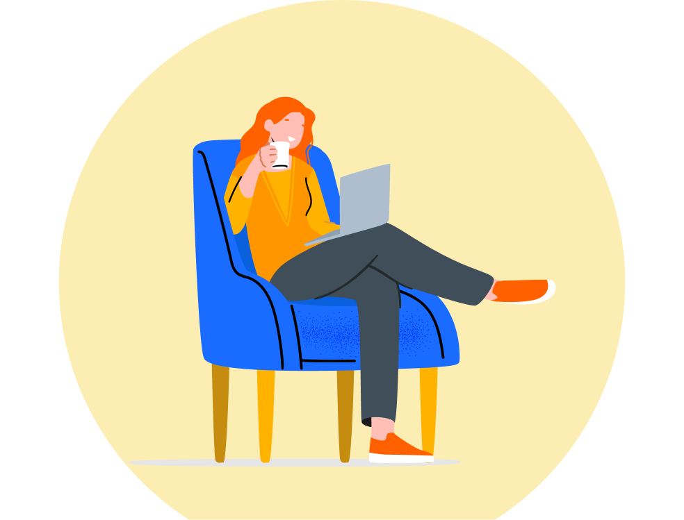 Graphical representation of a woman sitting an armchair, drinking tea and looking at her laptop