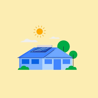Graphical representation of a house with solar panels on the roof and sun shining above