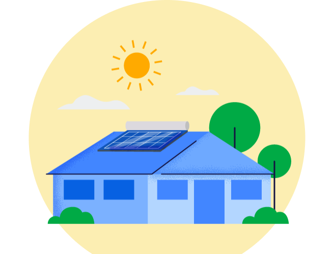 Graphical representation of a house with solar panels on the roof and sun shining above