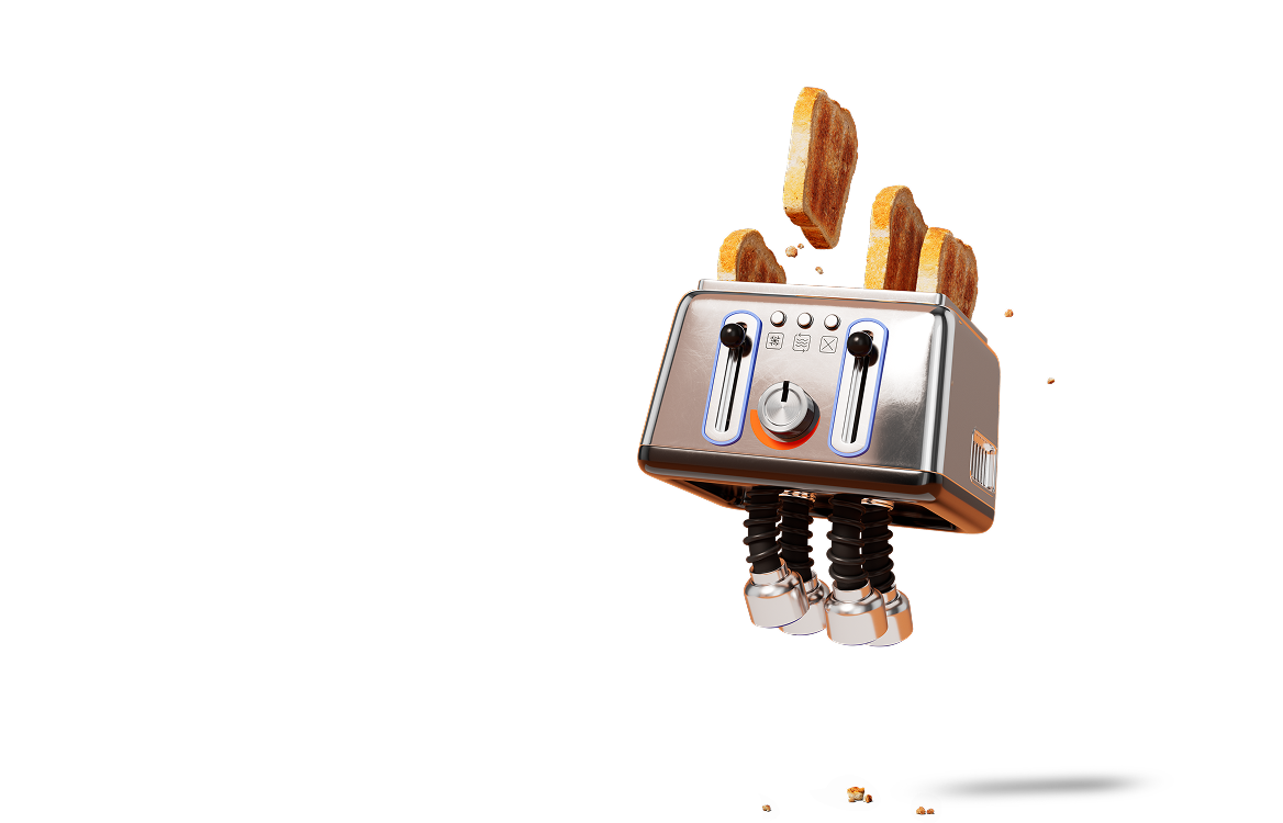 Graphical character of a toaster with springy legs and 4 slices of toast popping up